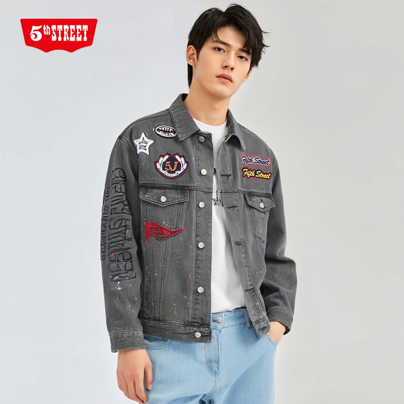 第五街5th street男装春秋宽松时尚绣章牛仔夹克外套350551-221 - 图0