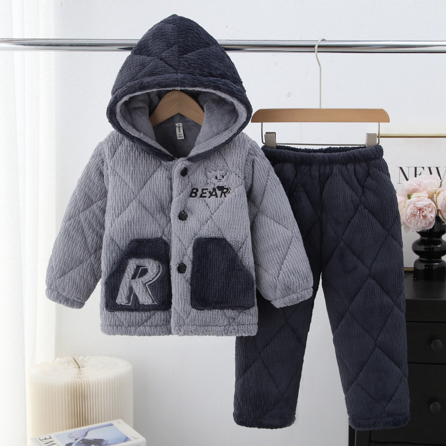 儿童睡衣冬季三层加厚夹棉法兰绒家居服套装男童可爱连帽款可外穿,淘宝优惠券,粉丝福利购,淘宝优惠卷