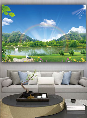 阳光彩虹绿水青山挂画自然湖泊天鹅风景画客厅清新治愈装饰画