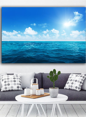 大海装饰画蓝天白云海水图自然风光客厅卧室玄关壁画财源滚滚贴画