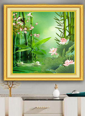 翠竹荷花天鹅装饰画新中式客厅餐厅清新风景挂画富贵平安壁画