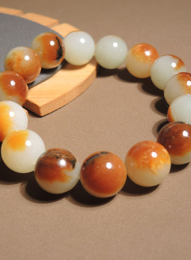 震惊了方言精品和田玉老熟黄沁皮暖白玉籽料14mm圆珠玉手串手链h0