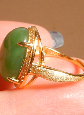 方言和田玉巨漏精品级俄罗斯老坑料菠菜绿碧玉银镀玫瑰金戒指A10