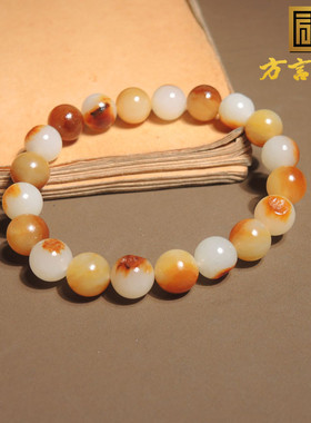 亏麻了方言品牌和田玉黄油沁皮原生黄玉丹顶红特色籽料圆珠手链h0