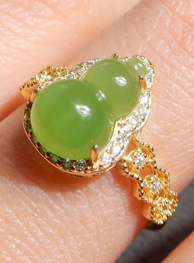 方言和田玉精品特惠俄罗斯碧玉冰底阳绿葫芦福禄银镀金戒圈戒指A5