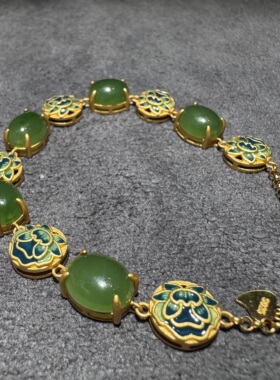 绝绝子方言和田玉老坑俄罗斯辣阳绿碧玉银镶蛋面珐琅双排手链S6