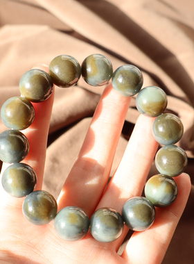 新疆青花籽料带糖沁圆珠14mm手串