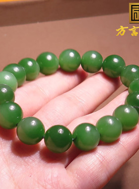 美美哒方言和田玉俄罗斯碧玉菠菜绿带猫眼圆珠11.7mm手链手串A2
