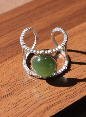 美滋滋方言和田玉精品佩戴俄料碧玉猫眼925银镶玉设计款戒指O