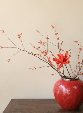 红色天然树枝手工干花客厅玄关装饰陶瓷花瓶花艺插花真植物永生花