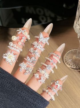 网红爆款银白贝珠时尚轻奢开口戒指女几何蝴蝶结简约小众叠戴指环