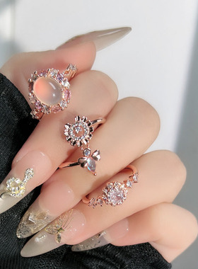 猫眼流萤轻奢甜美玫瑰金色时尚花朵开口戒指女高级感小众百搭指环