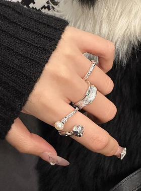 不规则锡箔褶皱开口戒指女时尚冷淡风简约个性珍珠指环气质食指戒