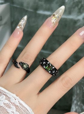 跨境欧美风暗黑绿钻不规则肌理时尚开口戒指无性别风轻奢朋克指环