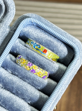 繁花似锦彩色珐琅浮雕桃花甜美戒指女冷淡风复古国风气质百搭指环