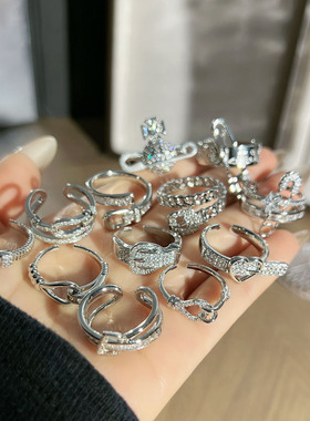 轻奢微镶满钻锆石皮带扣回形针个性戒指女ins冷淡风高级感食指戒
