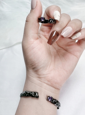 小众肌理暗黑风紫钻戒指手镯中性风情侣潮时尚指环冷淡风个性手环