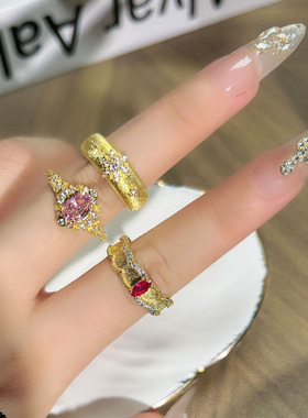 叠戴新中式复古拉丝繁花粉钻开口戒指女小众贵气高级感轻奢指环潮