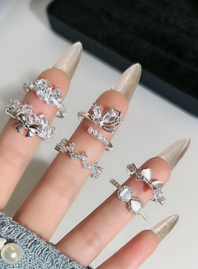 简约蕾丝花边月光石爱心蝴蝶结戒指女冷淡风小众轻奢甜美气质指环