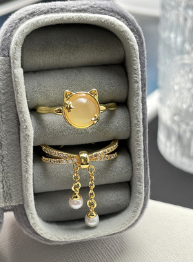 精致法式珍珠链条流苏气质开口戒指女猫眼小众简约时尚百搭食指环