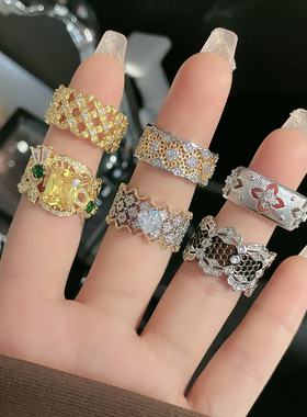 轻奢复古宫廷风蕾丝花边气质波浪开口戒指女网红高级感拉丝指环潮