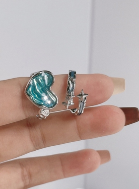 简约珐琅滴釉肌理蓝色爱心戒指女星芒甜酷风时尚小众设计百搭指环