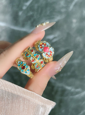 古色古香新中式民族风复古如意祥云珐琅戒指女精致气质轻奢指环潮
