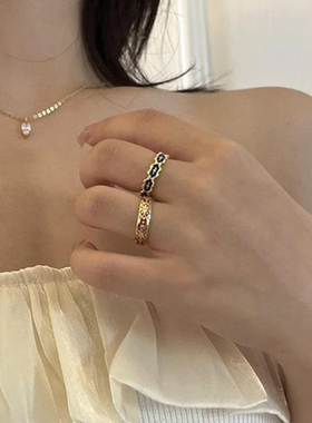 小红书同款气质优雅珐琅星空蓝开口戒指花纹小众设计轻奢个性指环