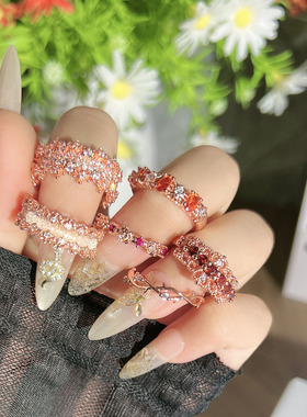 高级感配饰女玫瑰金色满天星微镶排钻开口戒指时尚叠戴百搭指环潮