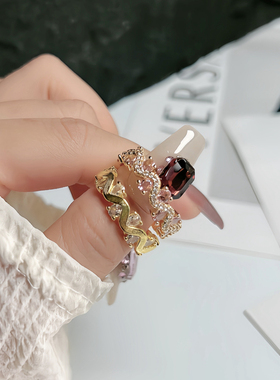 复古时尚拉丝波浪粉钻甜酷开口戒指女小众设计感简约个性气质指环