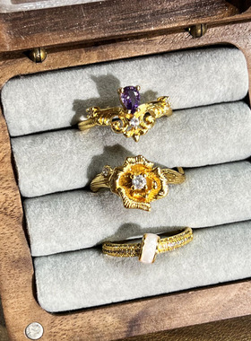 vintage法式公主风拉丝加冕皇冠水滴紫钻戒指女时尚花朵百搭指环