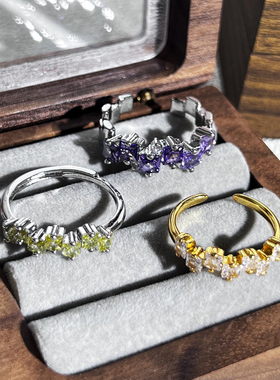 甜酷轻奢高级感紫钻错位小方钻开口戒指女ins冷淡风个性叠戴指环