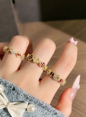 老钱风轻奢洋气红色复古金钱四叶草戒指女小众设计感气质食指戒潮