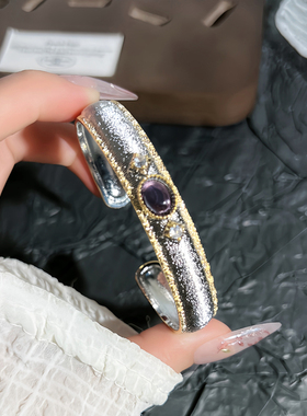 中古vintage紫色石椭圆宽版拉丝手镯戒指套装女宫廷风轻奢高级感