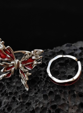 新款立体红色蝴蝶开口戒指女小众设计高级感轻奢尾戒甜酷个性指环