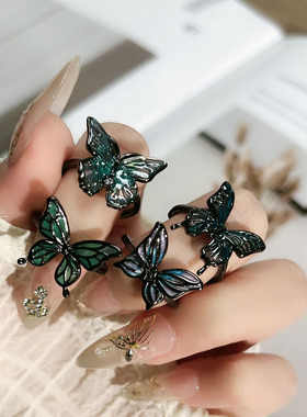 多彩蝶梦朋克暗黑肌理液态渐变蝴蝶开口戒指无性别风简约小众指环