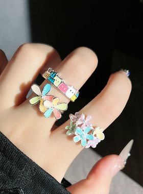 繁花彩绘甜美少女风滴釉花朵绝美戒指女简约时尚冷淡风可爱指环潮