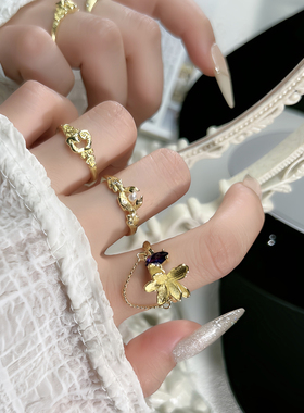 ins冷淡风精致花朵流苏链条开口戒指女小众个性拉丝珍珠简约指环