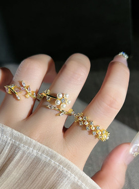 金枝碎钻新中式复古小众设计感微镶开口戒指女轻奢高级感百搭指环