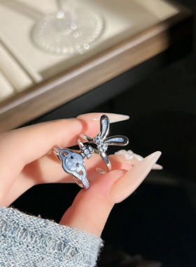 雾霾蓝珐琅俏皮可爱兔子土星笑脸开口戒指女简约甜酷百搭小众指环