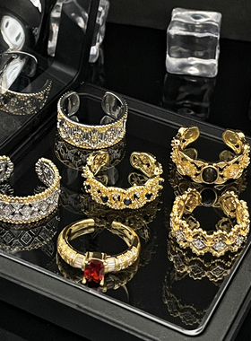 新中式宫廷风镂空褶皱时尚开口戒指女独特冷淡风潮酷个性小众指环