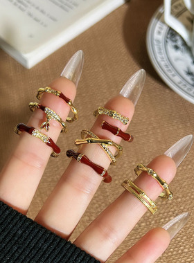 安可拉红色旺财转运竹节开口戒指女小众轻奢高级感甜酷气质食指戒