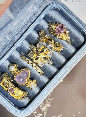 宫廷风意大利织纹雕金拉丝鸢尾花轻奢戒指女冰透葫芦粉钻甜酷指环