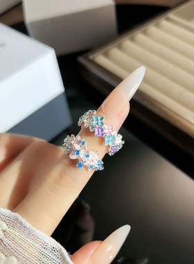 马卡龙色系甜妹风彩釉花朵叠戴开口戒指女小众设计感时尚轻奢指环