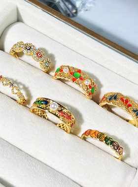 中古国潮风珐琅镂空时尚几何眼睛戒指可调节高级感简约百搭指环潮