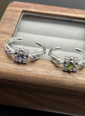 新款精致复古橄榄绿锆石冷淡风开口戒指女宫廷风甜酷紫钻小众指环