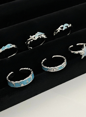 新款蓝色滴釉浪花鱼尾戒指女不规则地图简约小众个性叠戴情侣指环