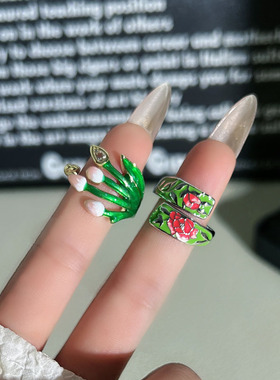 潮流田园风绿叶彩釉花朵气质开口戒指女复古新中式轻奢时尚食指戒