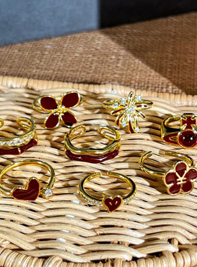 绚烂烟火港风红色滴釉花朵轻奢潮流开口戒女气质小众显白百搭指环