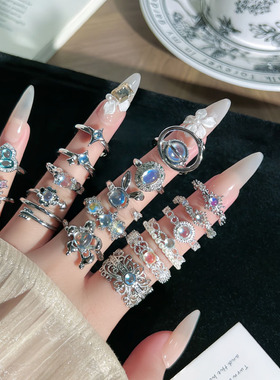 清冷感幻彩月光石几何皇冠爱心甜酷戒指女气质简约轻奢百搭食指戒